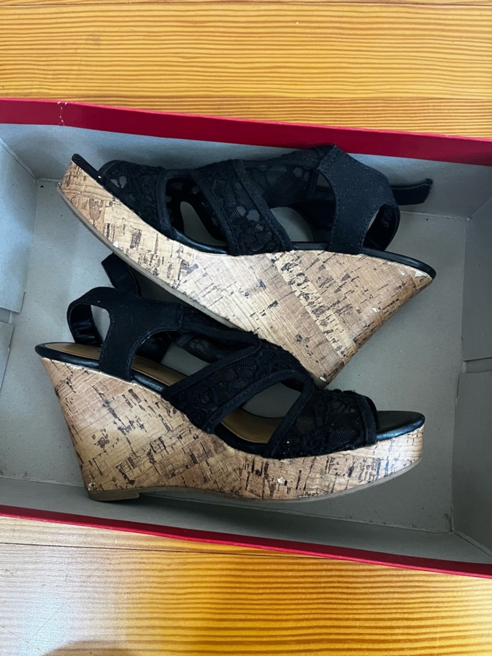 American Eagle Outfitters Black Lace Cork Wedge Sandals - Picture 6 of 7